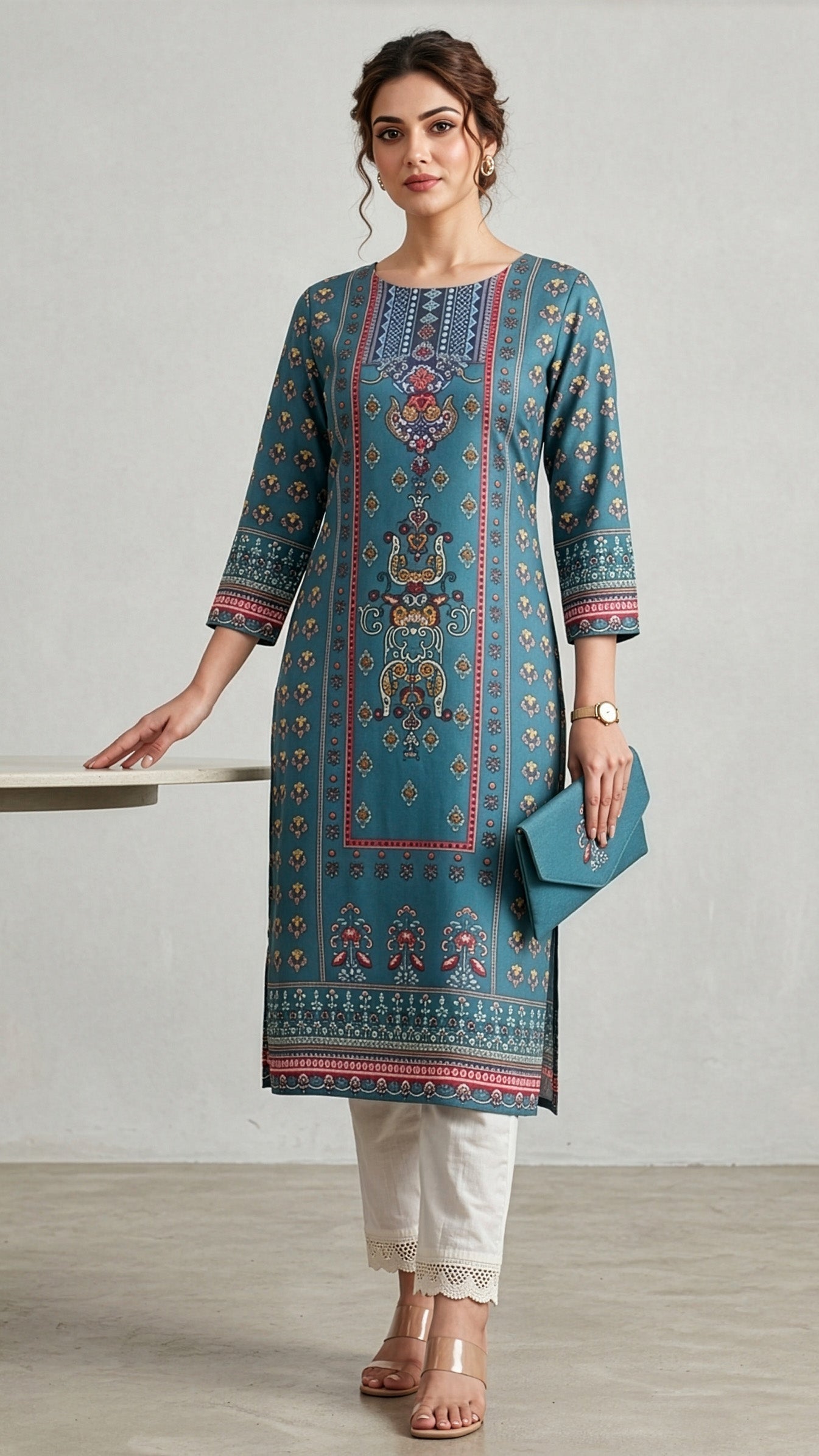 Woman wearing a blue patterned kurta with white pants, standing in a minimalistic room.