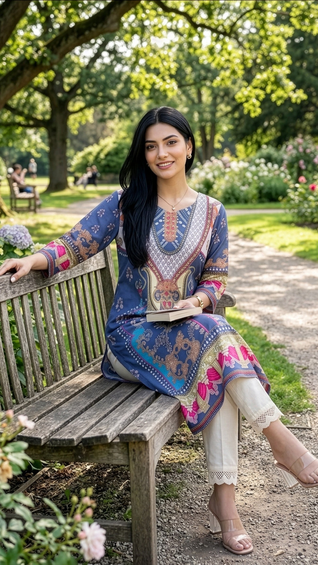 Woman in a colorful traditional outfit sitting on a wooden bench in a garden.