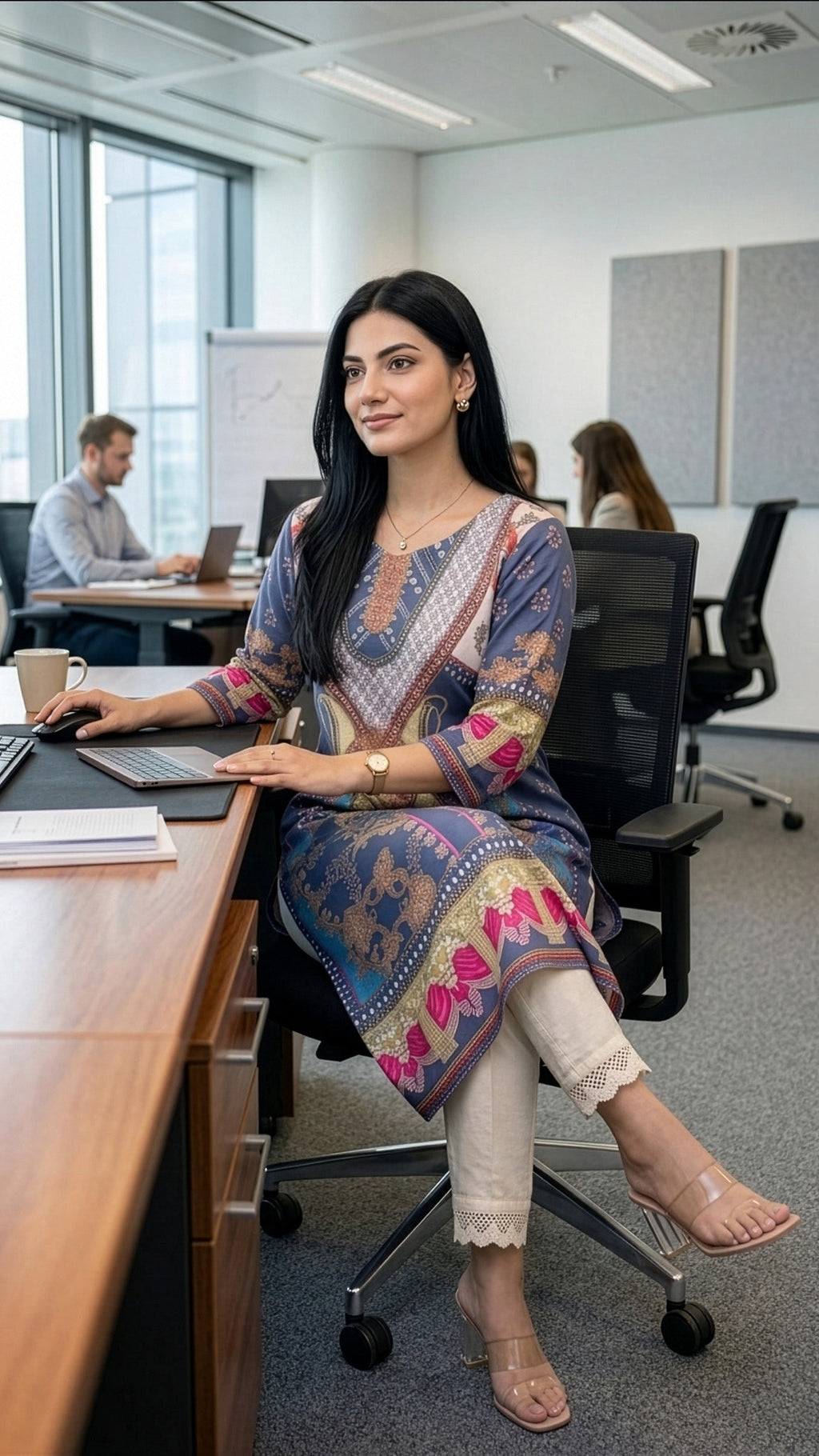 Woman wearing a stylish long kurti for women while working in an office setting with colleagues.