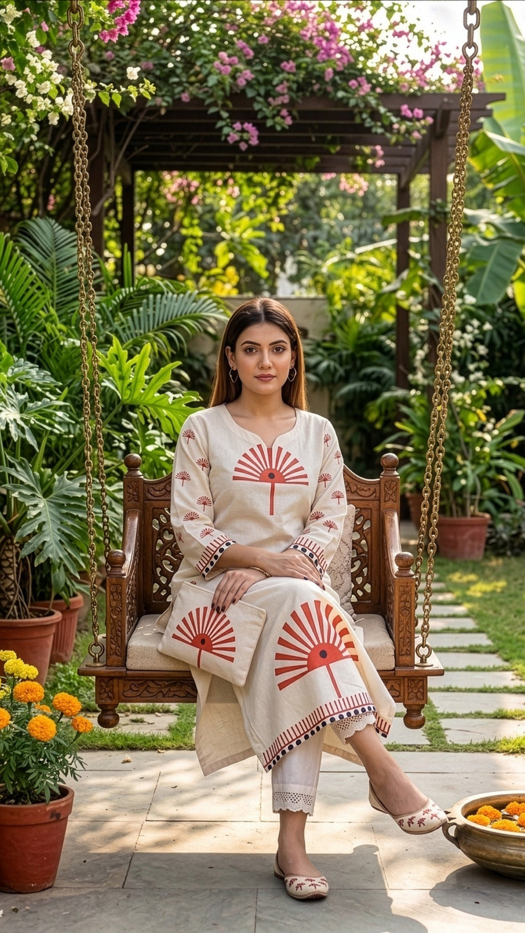 Kurti for women in off white with traditional print, worn by a woman sitting on a swing in a garden.