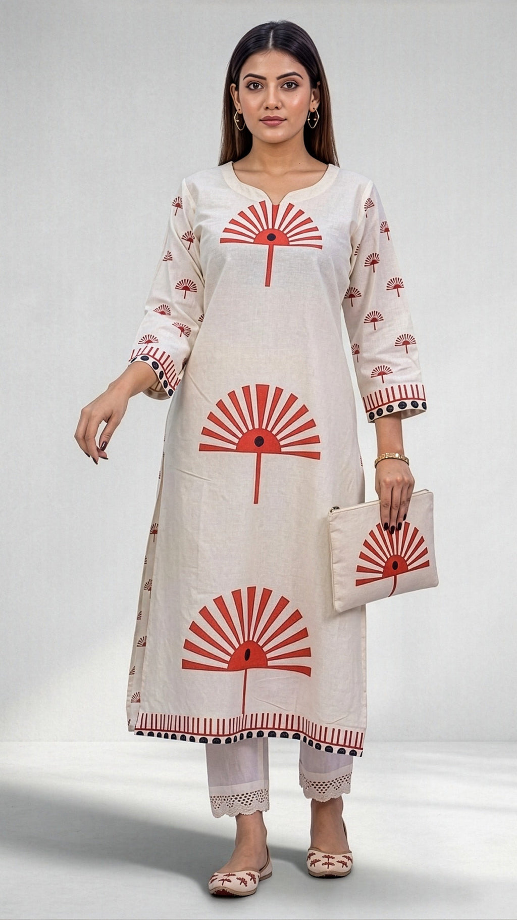 Off white kurti for women from REET by Bunaiganj with red fan print, paired with matching accessories.