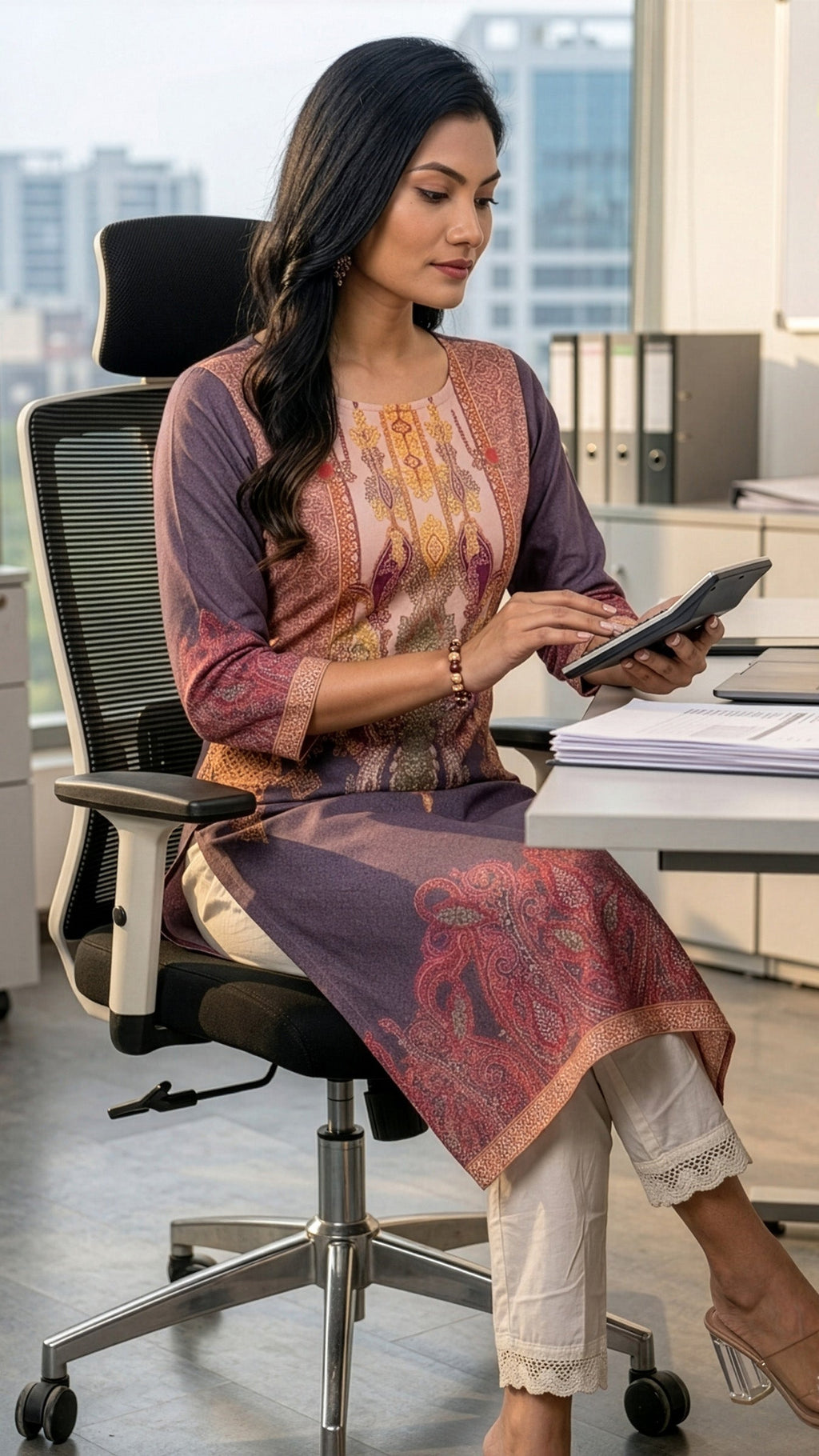 Model wearing a long kurti from REET by Bunaiganj while working at an office desk.