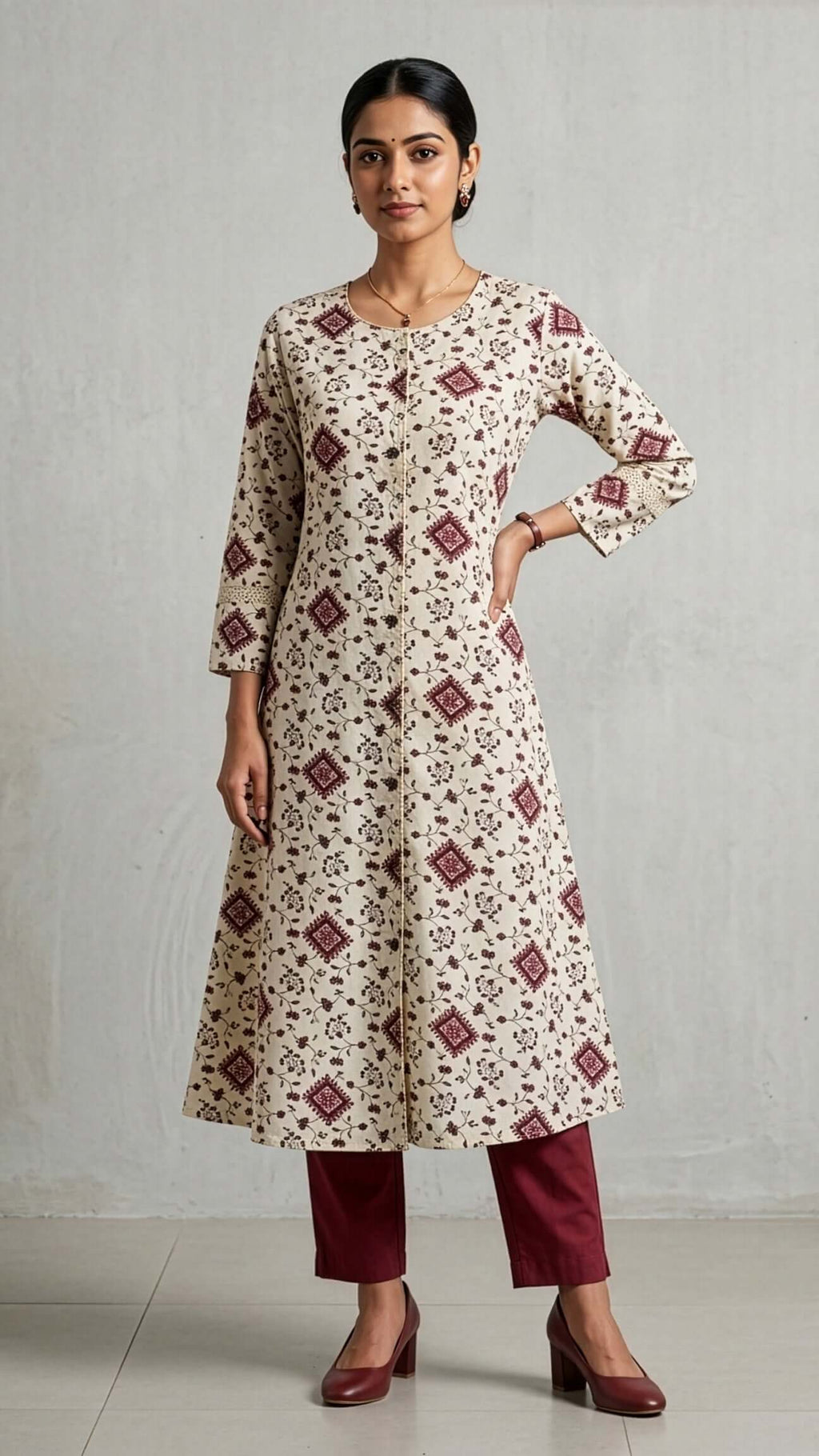 Elegant long kurti for women in cream with maroon floral patterns, perfect for modern and traditional occasions.