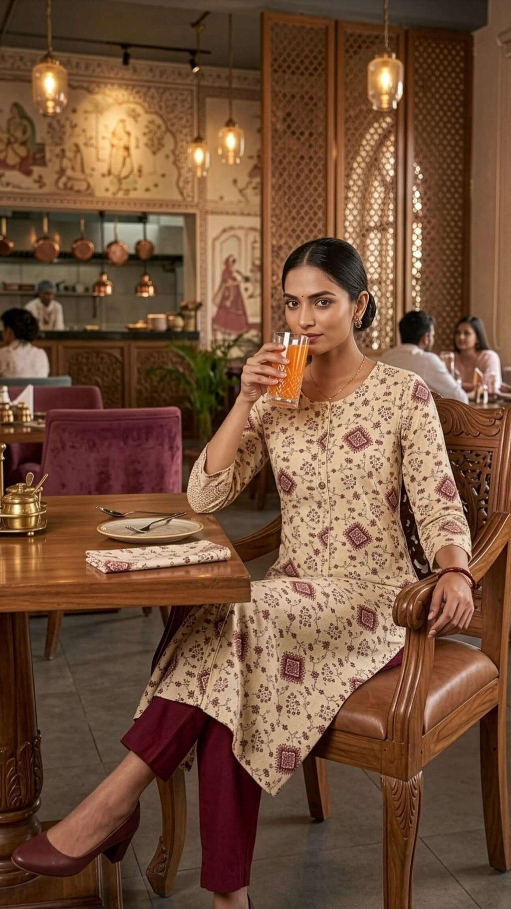 Woman enjoying a drink in a long kurti for women seated at a restaurant table.