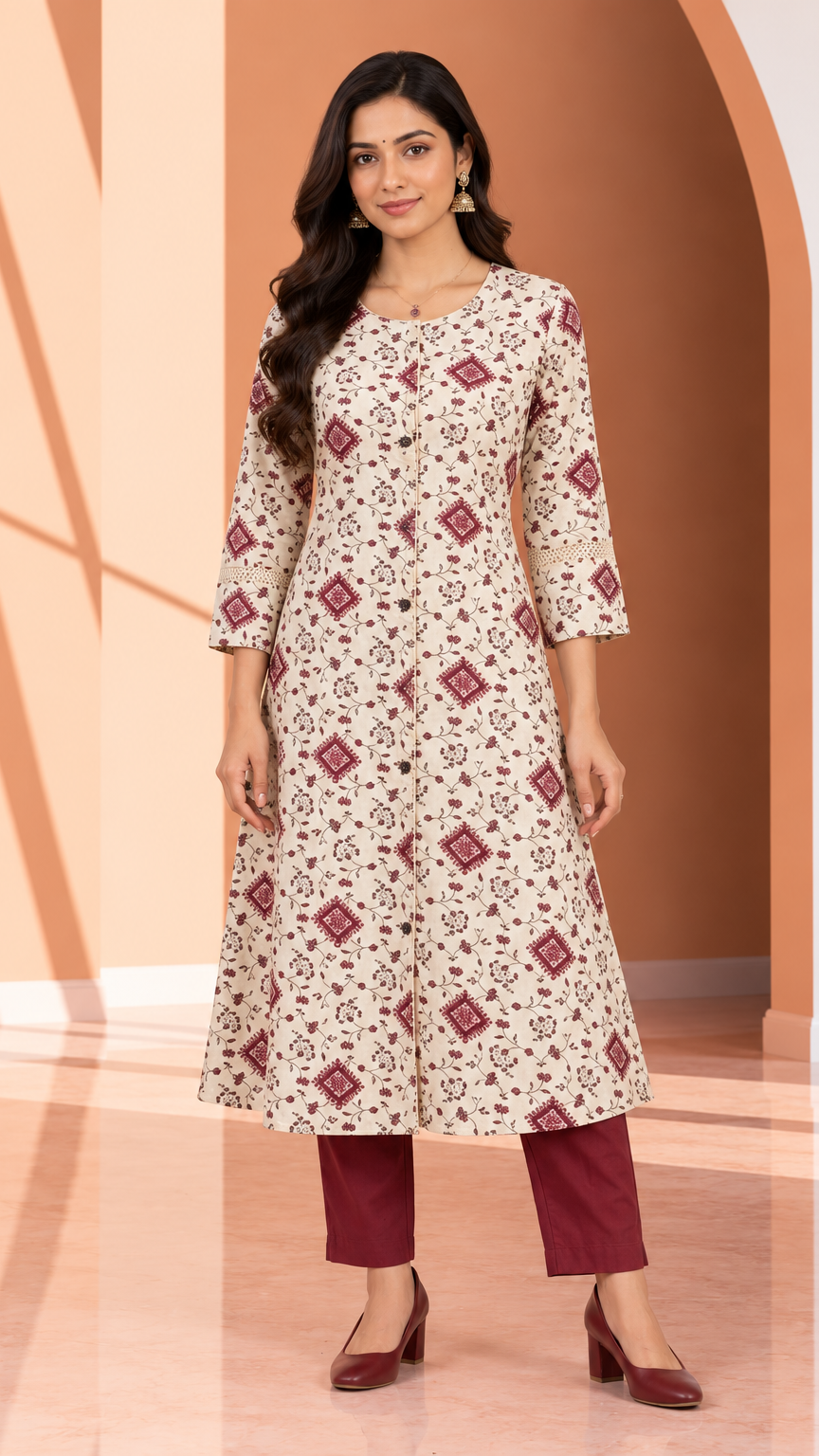 A woman modeling a cream-colored A-line kurta with a maroon and brown geometric floral print, paired with maroon cropped pants and maroon heels, set against a warm peach-colored studio backdrop.