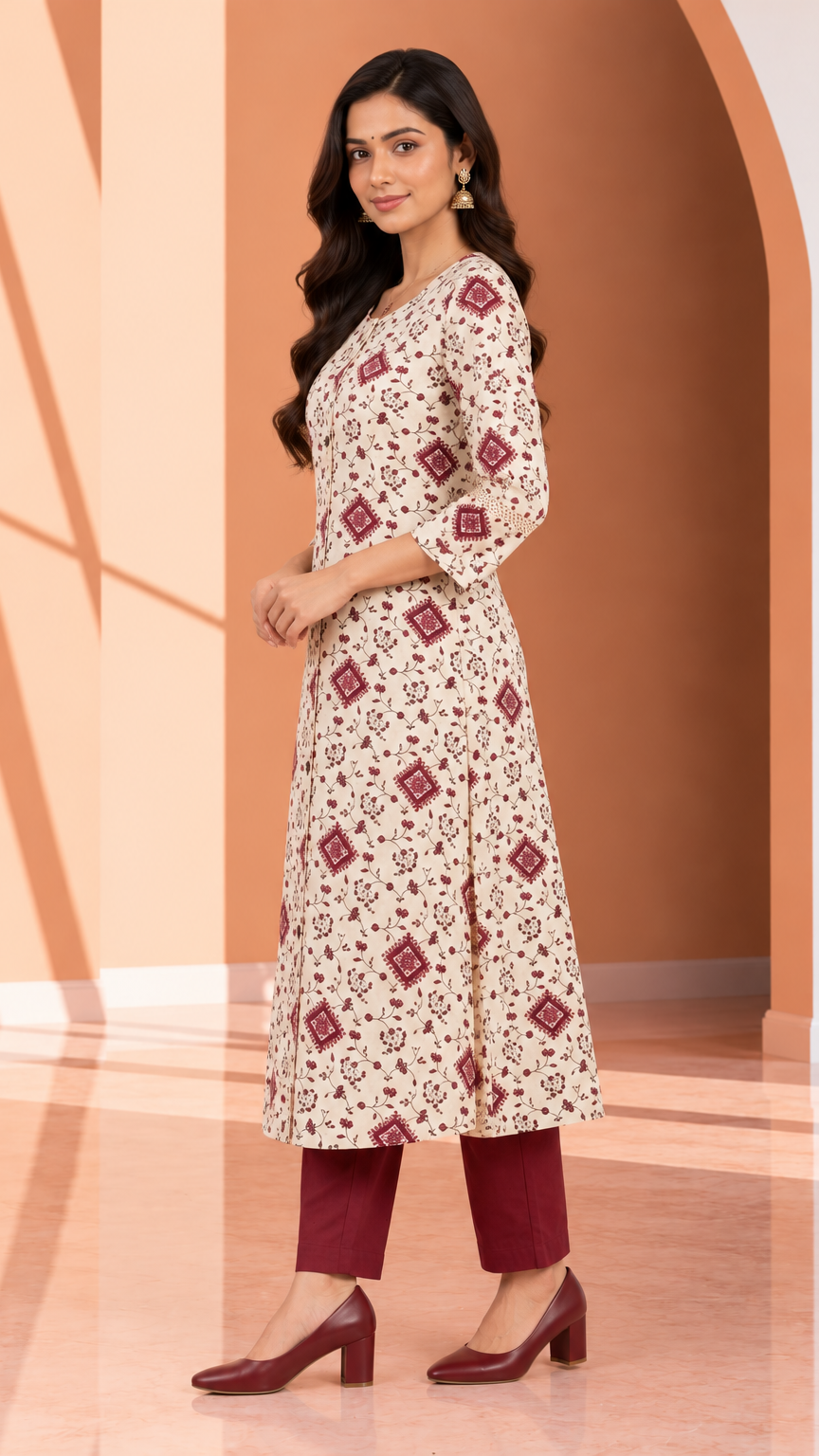A woman models a cream-colored three-quarter sleeve kurta with a red geometric and floral pattern, paired with matching red pants and red heels, set against a warm peach-colored studio background with arches.