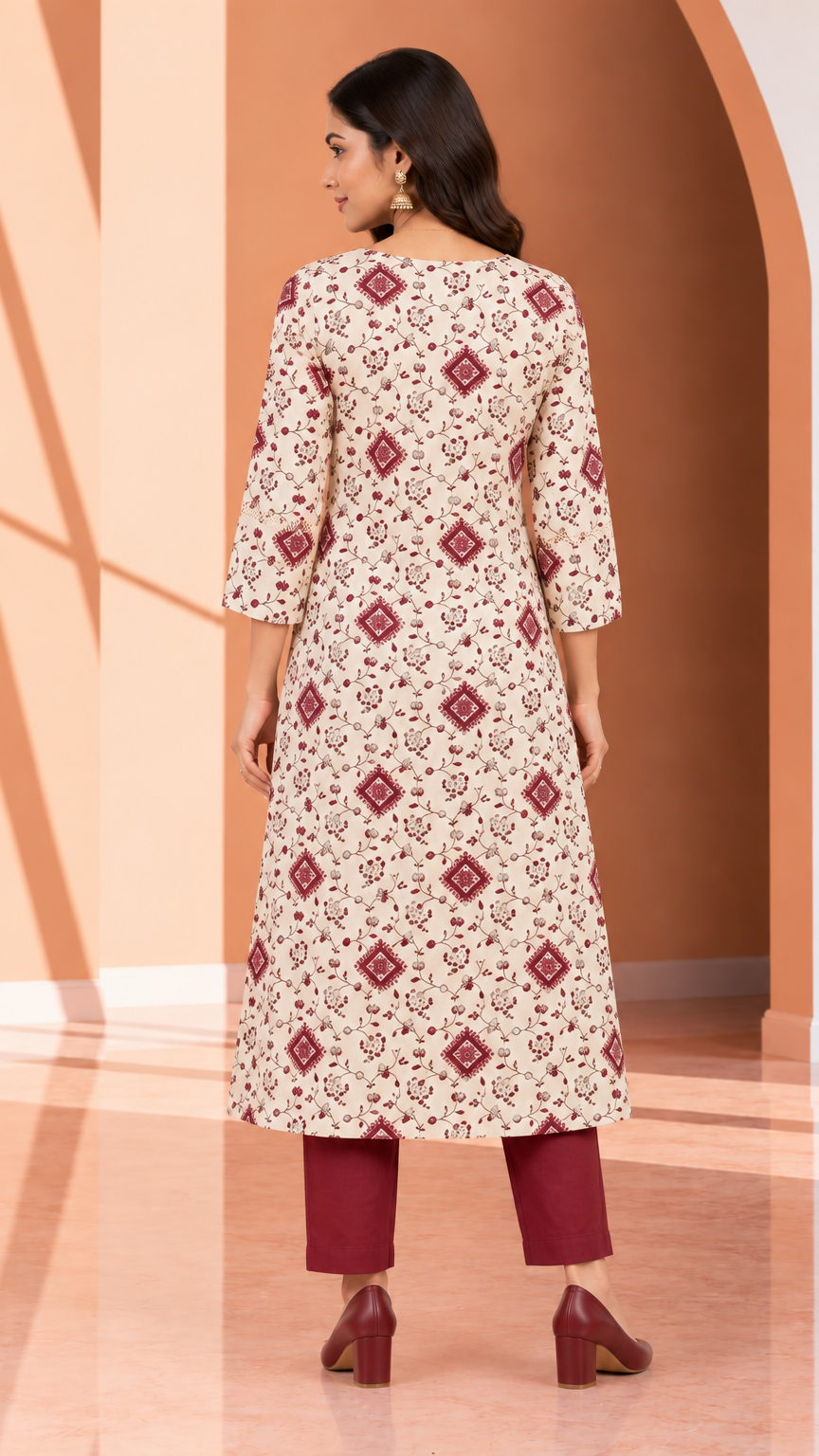 A woman shown from the back wearing a cream-colored kurta with a red floral and diamond pattern, paired with matching red pants and brown heels, set against a warm beige and orange arched studio backdrop.