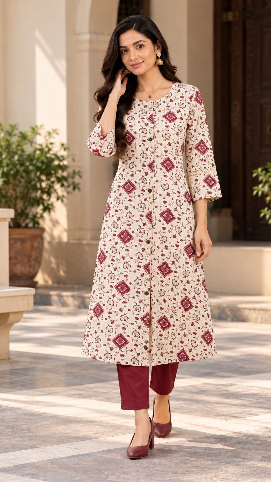 A woman models a three-quarter sleeve cream-colored kurta with a red and green floral print, paired with matching maroon pants and shoes, set against a classical courtyard background.