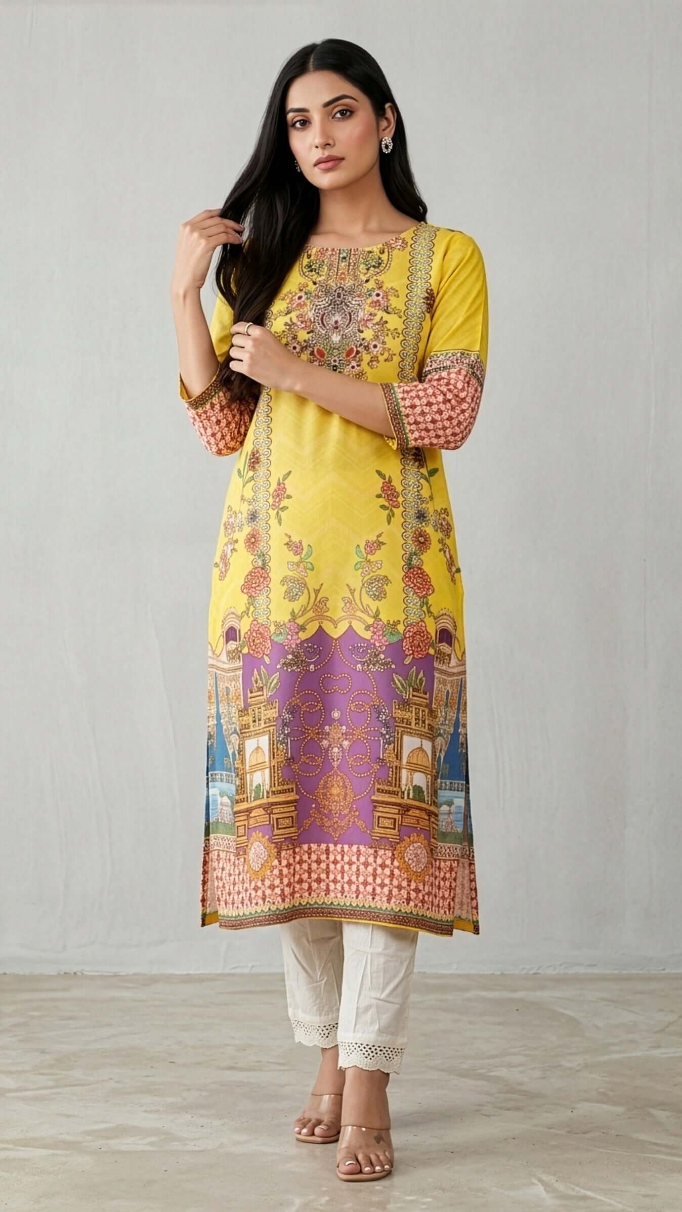 Long Kurti for women in vibrant yellow with floral design, perfect for casual or festive wear.