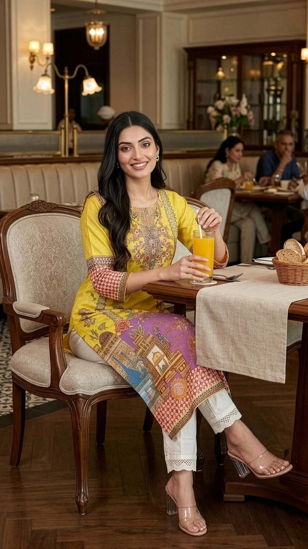 Long Kurti for women in yellow worn by a woman seated at a cafe, enjoying a drink and smiling.