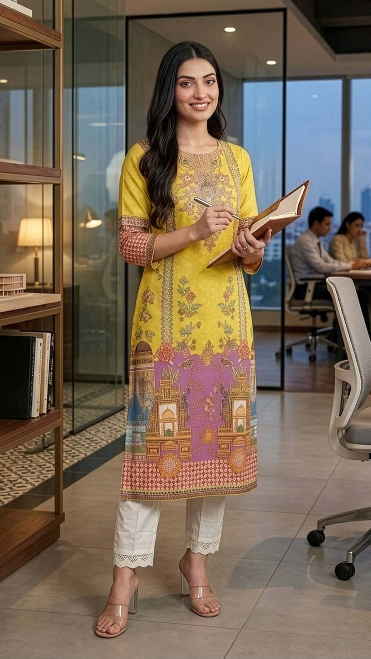 Woman in a vibrant yellow long kurti for women, showcasing a stylish design in a modern office setting.