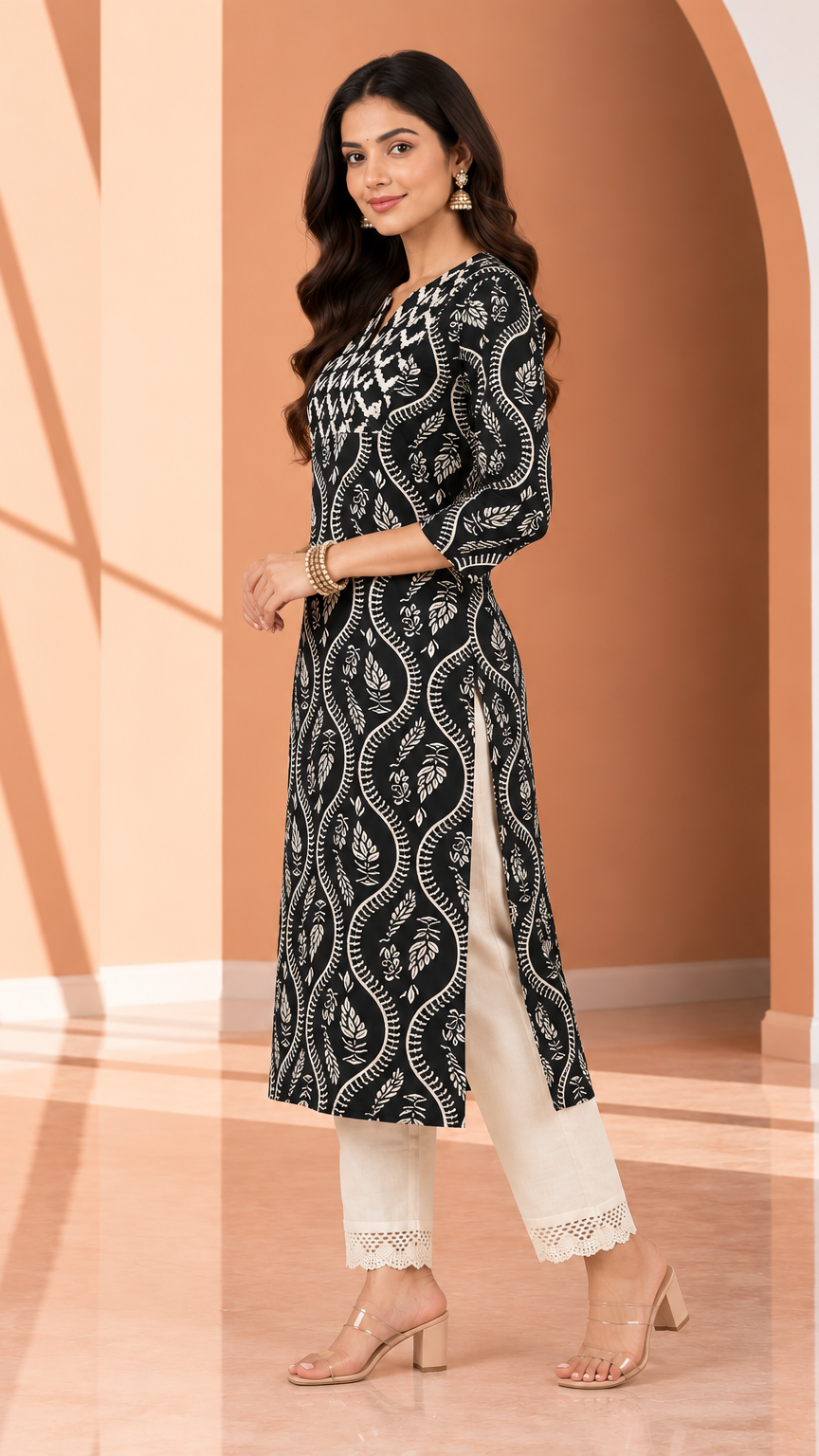 A woman models a black and white patterned kurta with cream pants in a stylized studio setting with peach-colored arches.