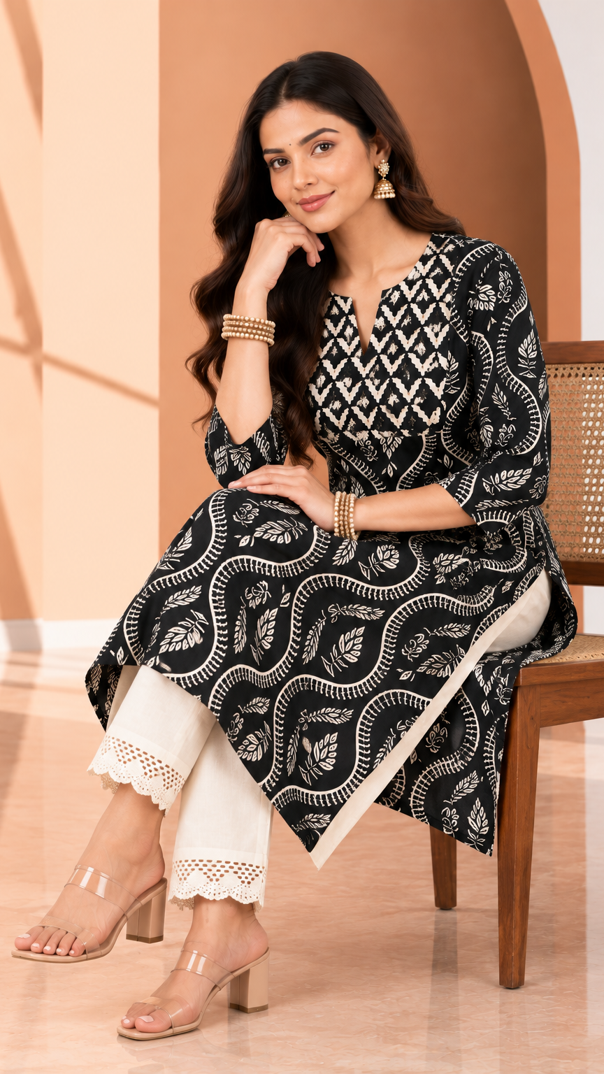 A woman seated on a wooden chair wearing a black and white patterned kurta with white pants and clear heeled sandals, posed in a warm beige interior setting.