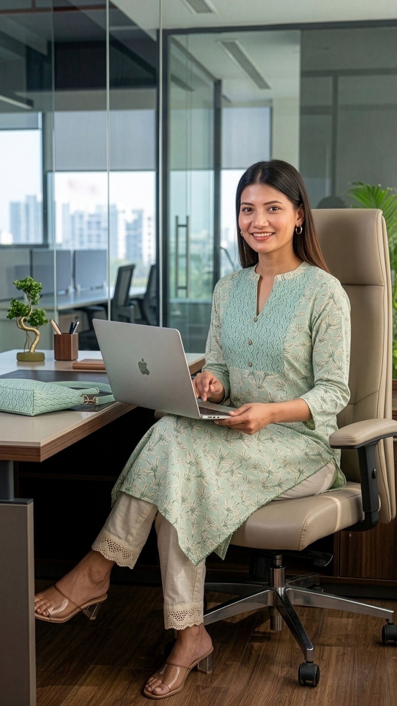 Woman sitting at a desk in an office using a laptop.