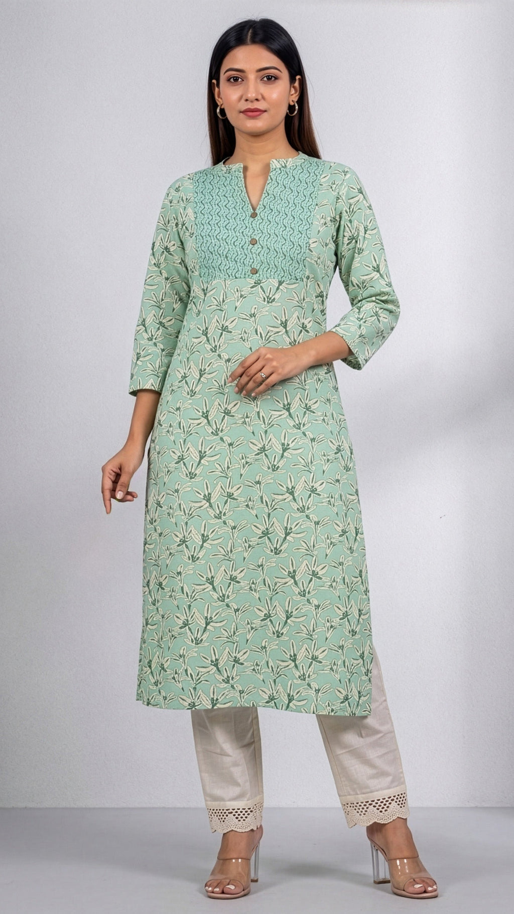 long kurti for women in light green with floral design, perfect for casual outings or festive gatherings.