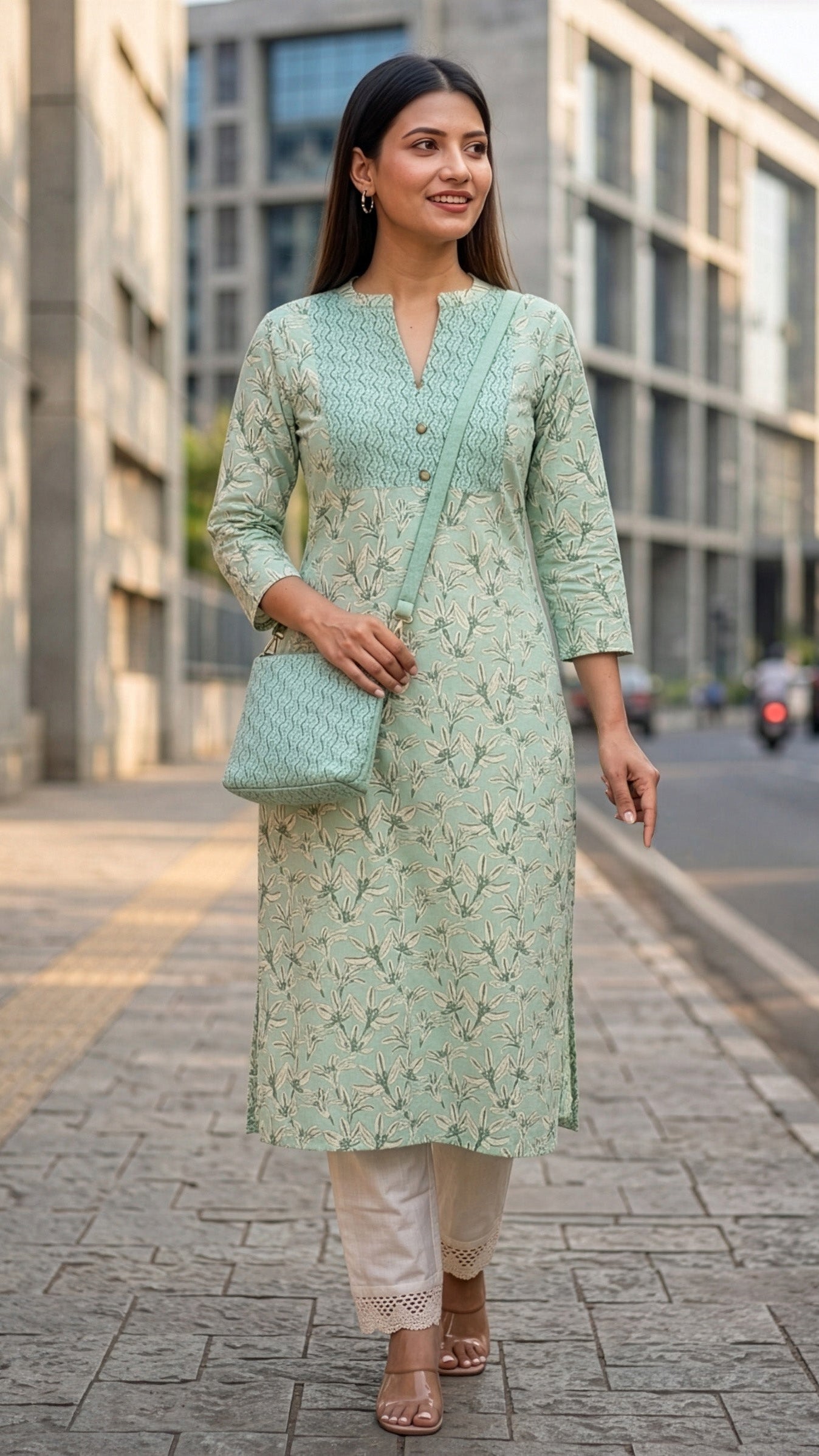 Woman in a light green kurta with a matching bag walking on a city street.
