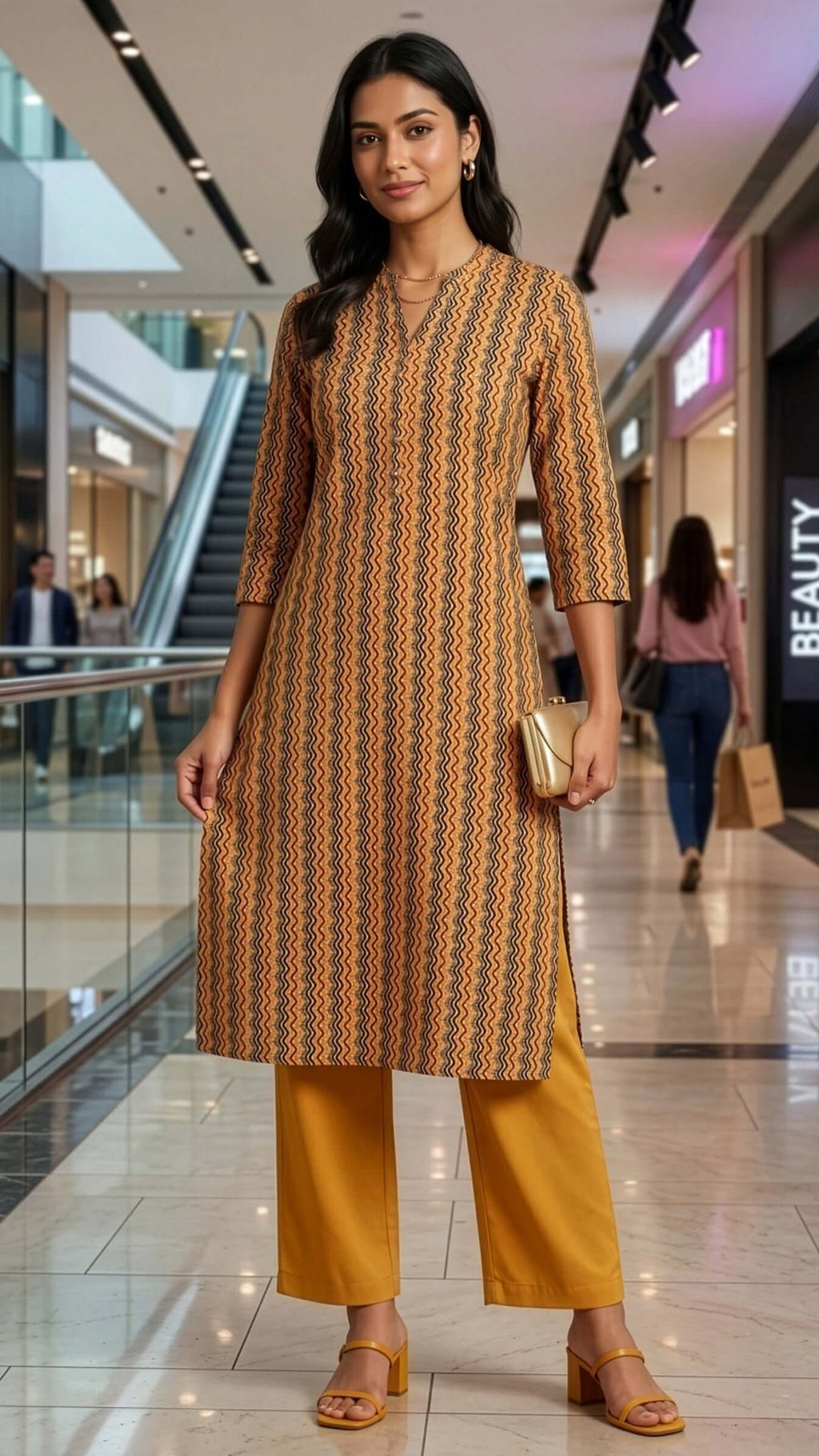 Long Kurti from REET by Bunaiganj on a model in a shopping mall, showcasing stylish design and vibrant colors.