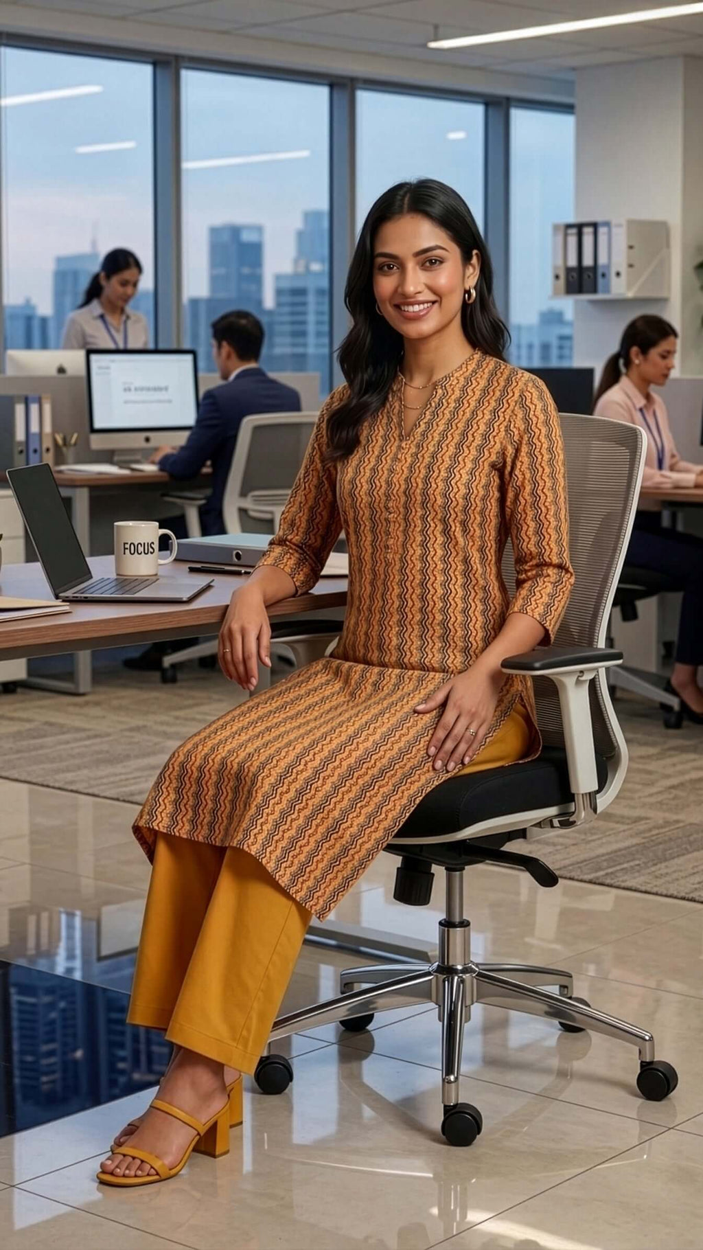 Woman wearing a long kurti in an office setting, showcasing elegance and style for work and casual wear.