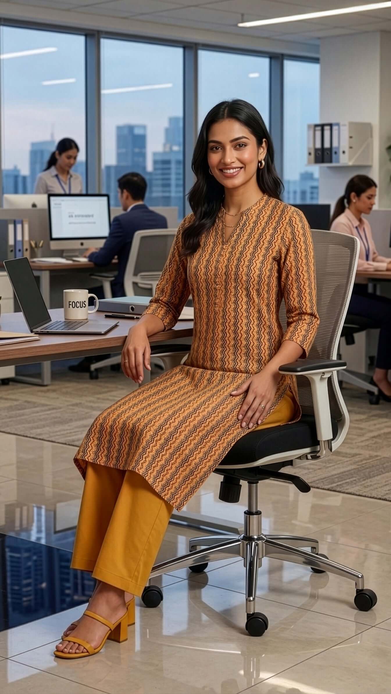 Woman wearing a long kurti in an office setting, showcasing elegance and style for work and casual wear.