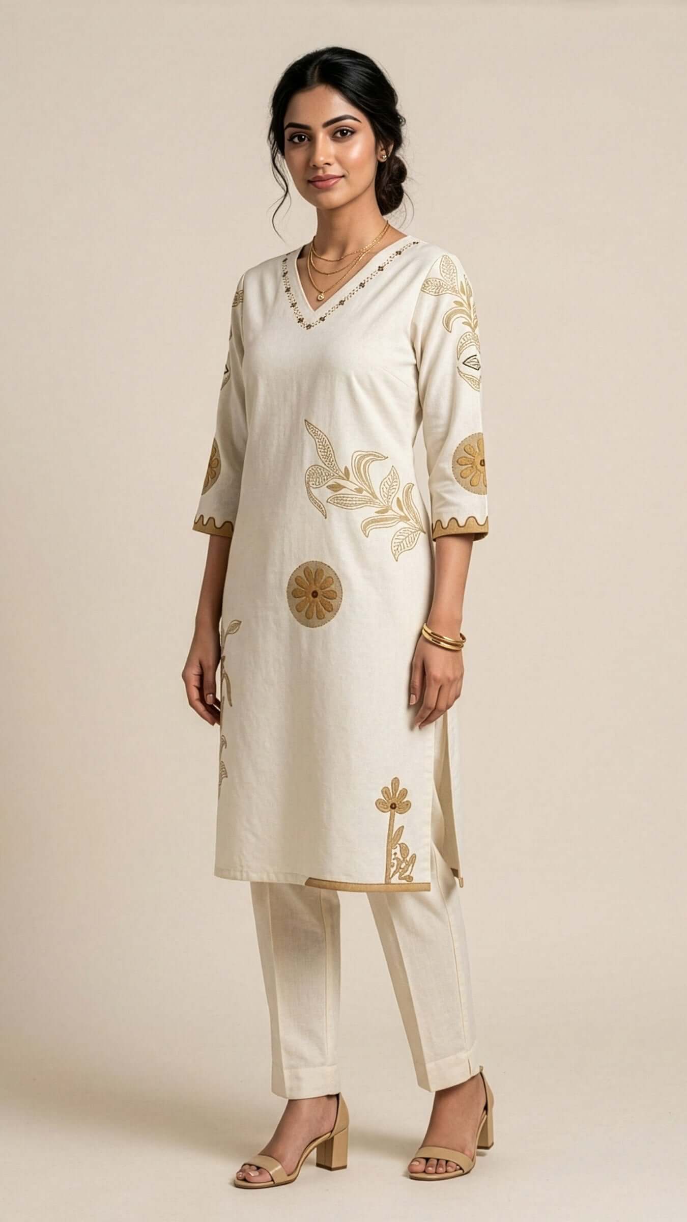 Elegant long kurti for women in off-white with floral embroidery, part of the REET collection by Bunaiganj.