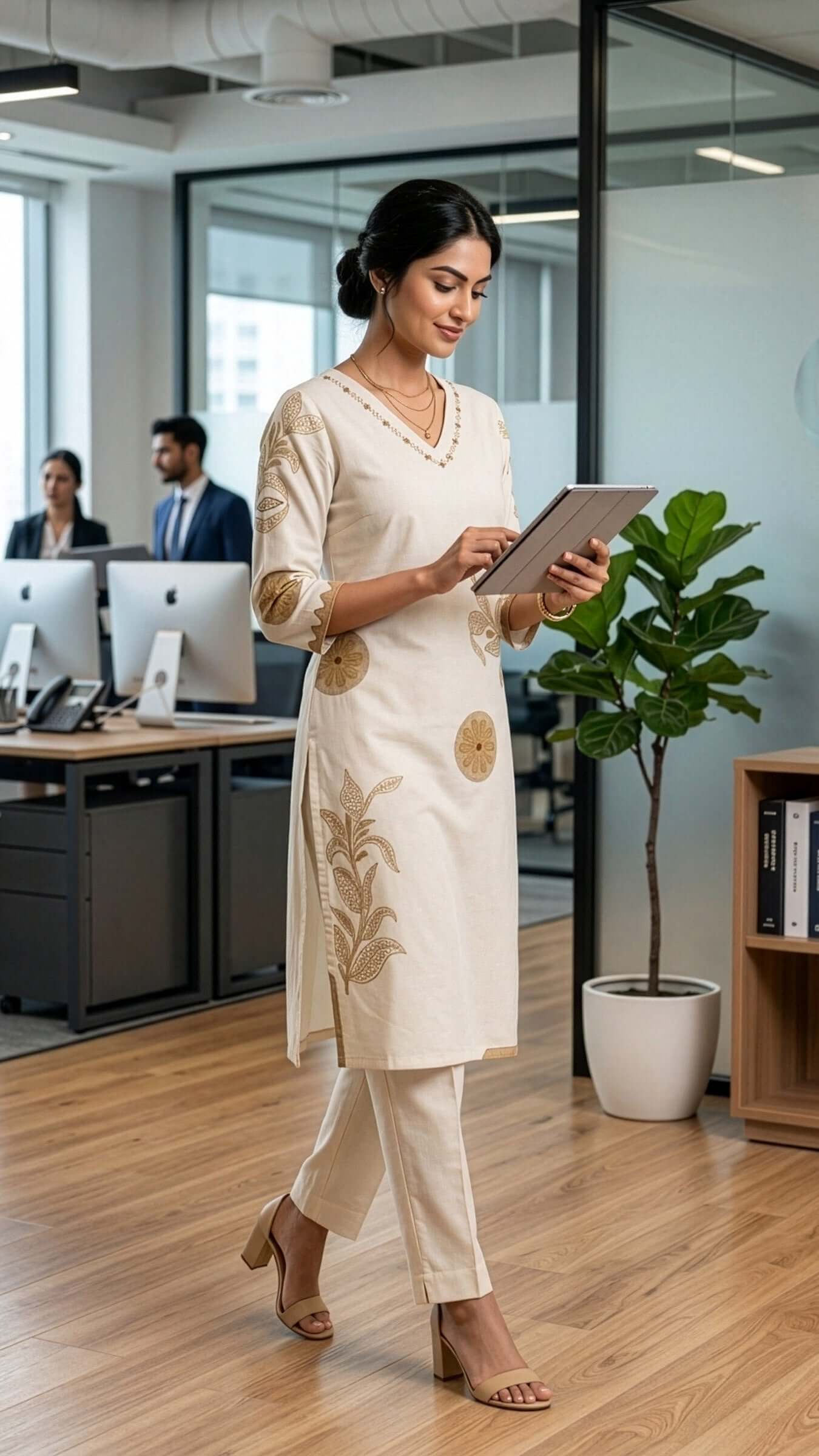Long kurti for women in off-white worn in an office setting, showcasing elegance and professional style.