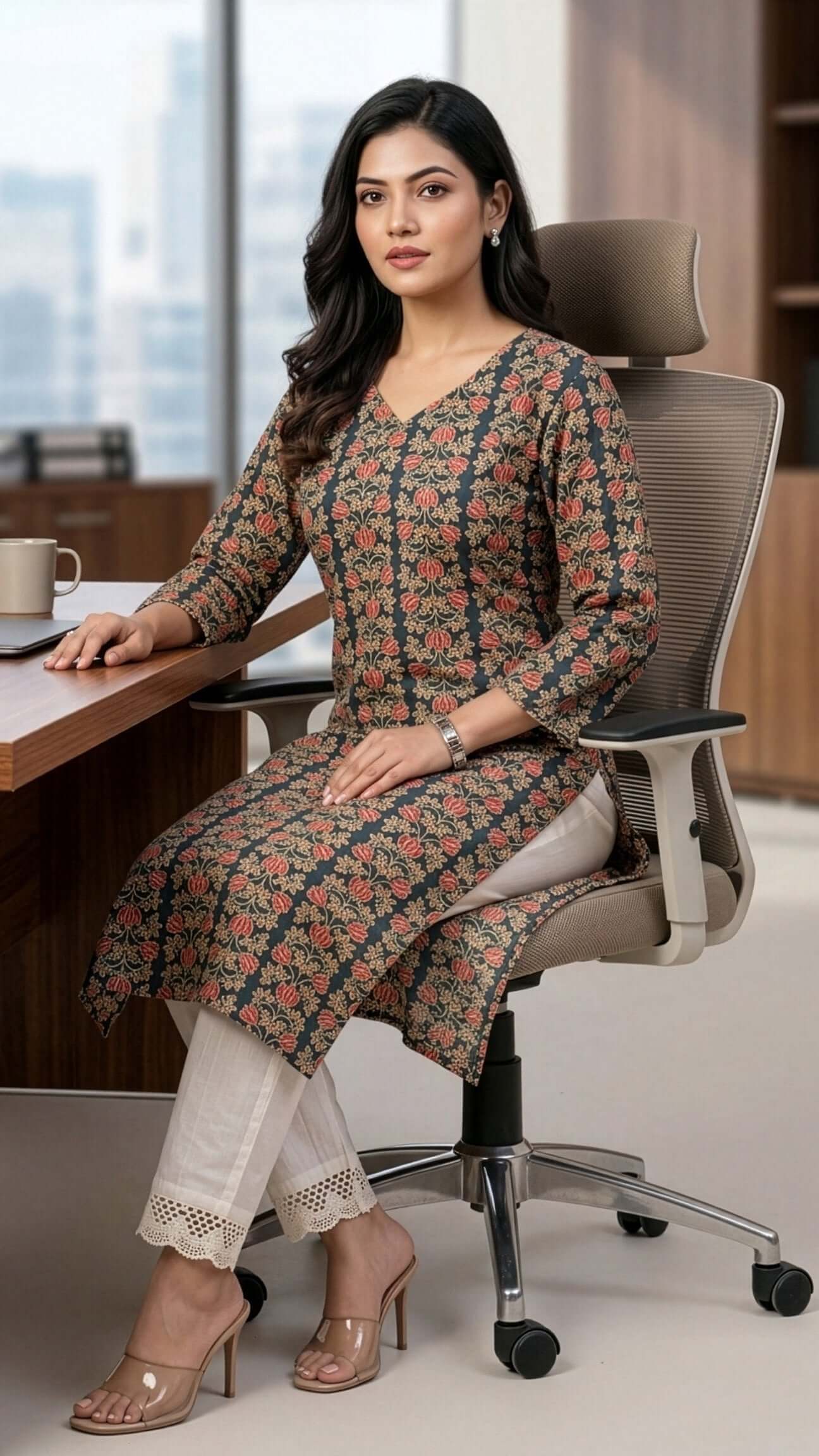 Woman wearing long kurtis for women in an office setting, showcasing comfort and elegance.