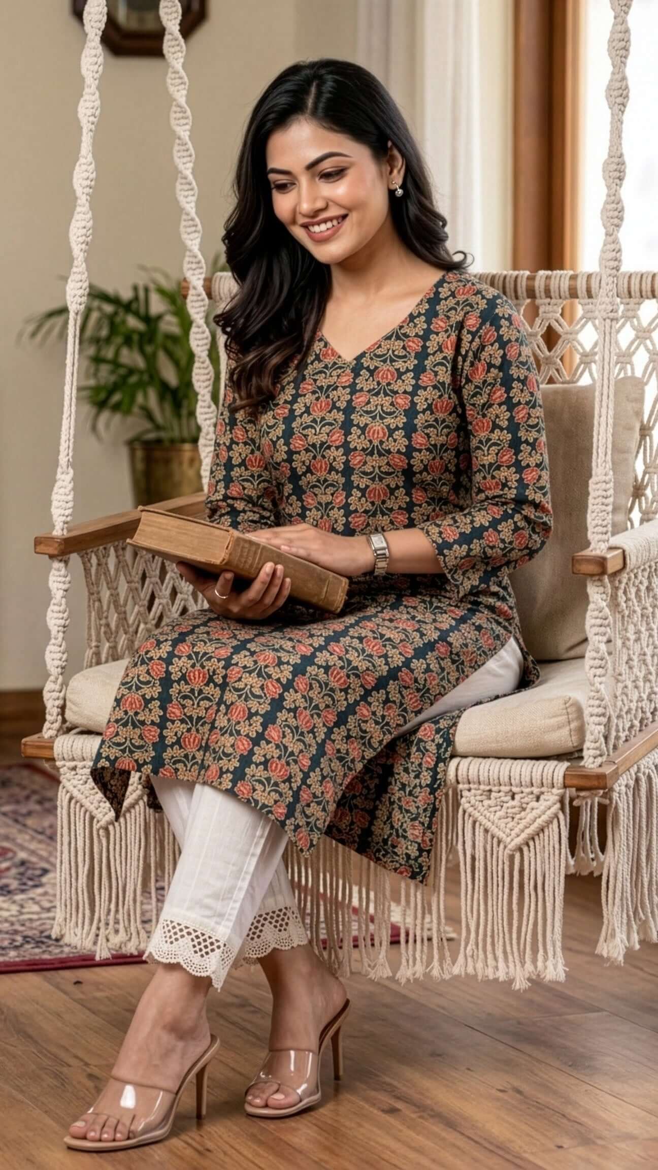 Woman wearing long kurtis for women, sitting on a swing, reading a book in a cozy living space.