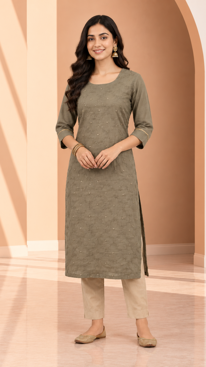 A woman modeling a three-quarter sleeve olive green kurta with subtle embroidered details, paired with beige cropped pants and beige flat shoes, standing in a warm-toned studio setting with arches.