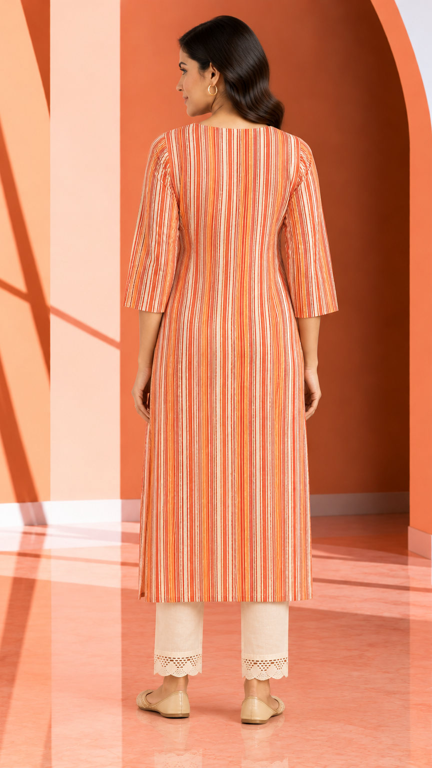 A woman shown from the back wearing a peach and white vertically striped kurta with three-quarter sleeves, paired with cream pants, in a stylized studio setting with orange arches.