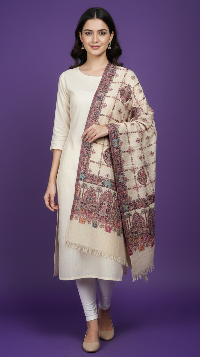 Woman wearing a cream kurta with a patterned dupatta against a purple background