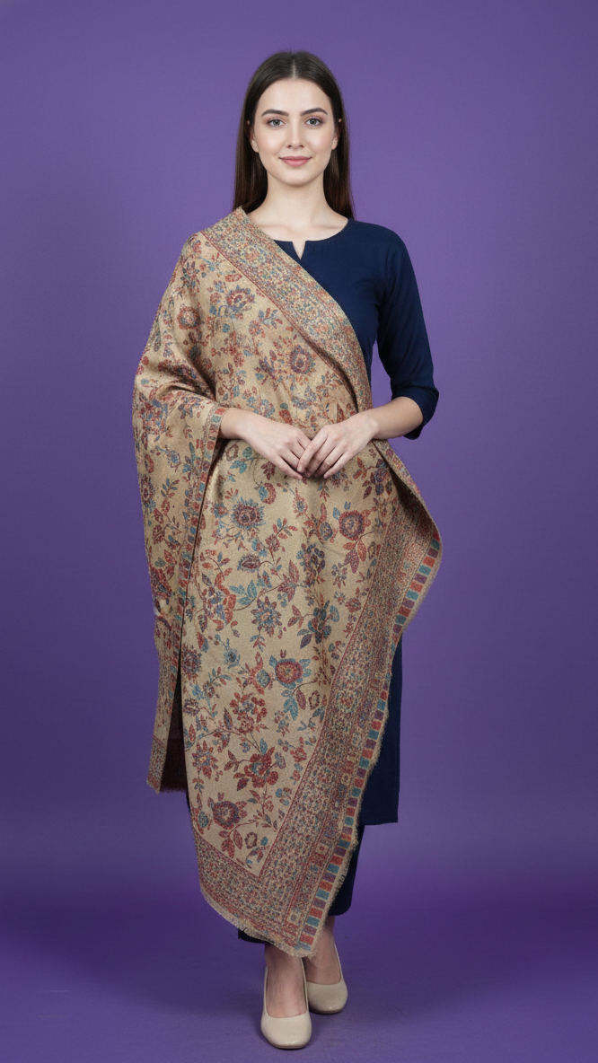 Model showcasing the Zari Work Elegant Shawl with intricate zari threadwork against a purple backdrop.