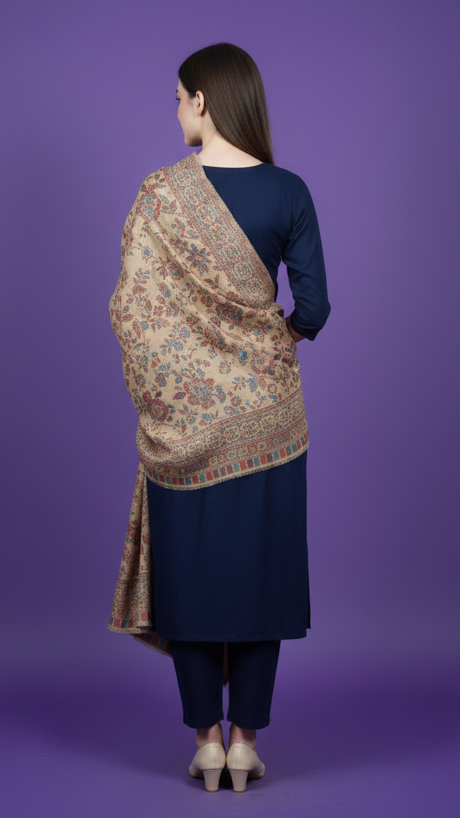 Woman wearing a patterned shawl over a navy outfit on a purple background