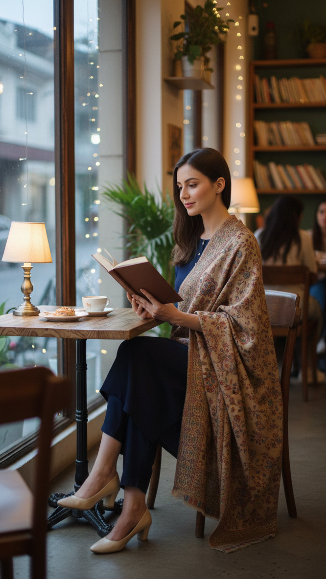 A woman in a cafe wearing a Zari Work Elegant Shawl, reading a book by a window with warm lighting.