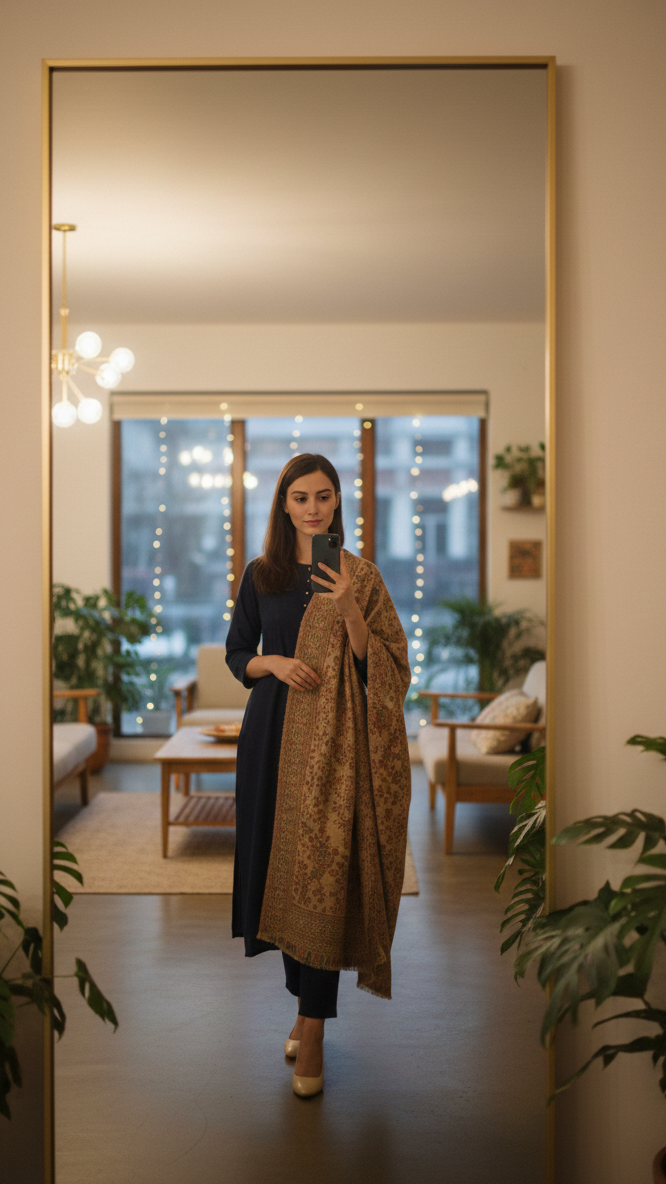 Woman taking a mirror selfie in a room with plants and city lights visible through the window.
