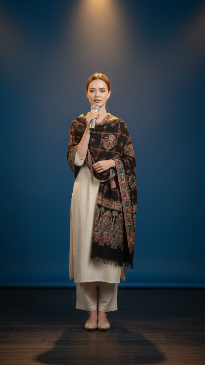 Woman holding a microphone against a blue background