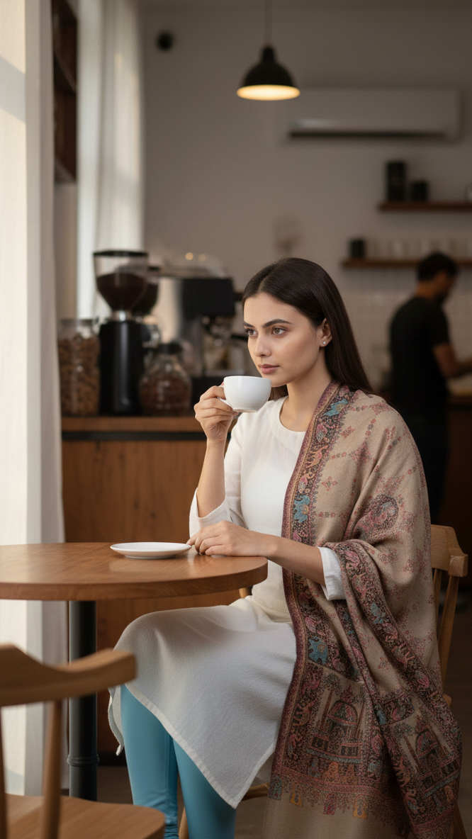 Woman sitting at a cafe table with a cup of coffee, wearing a patterned shawl.