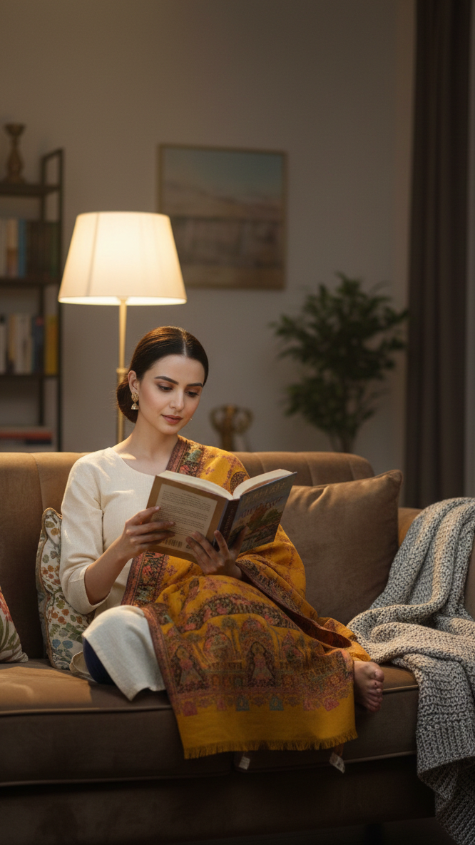Woman reading a book on a couch in a cozy living room.