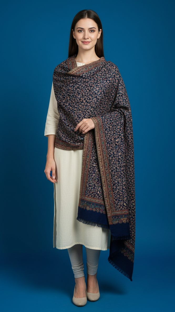 Woman wearing a patterned shawl against a blue background