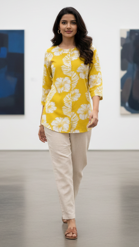 A woman walks toward the camera in a minimalist art gallery, wearing a yellow and white floral printed kurta with cream trousers and brown sandals. Two abstract paintings hang on the white walls behind her.