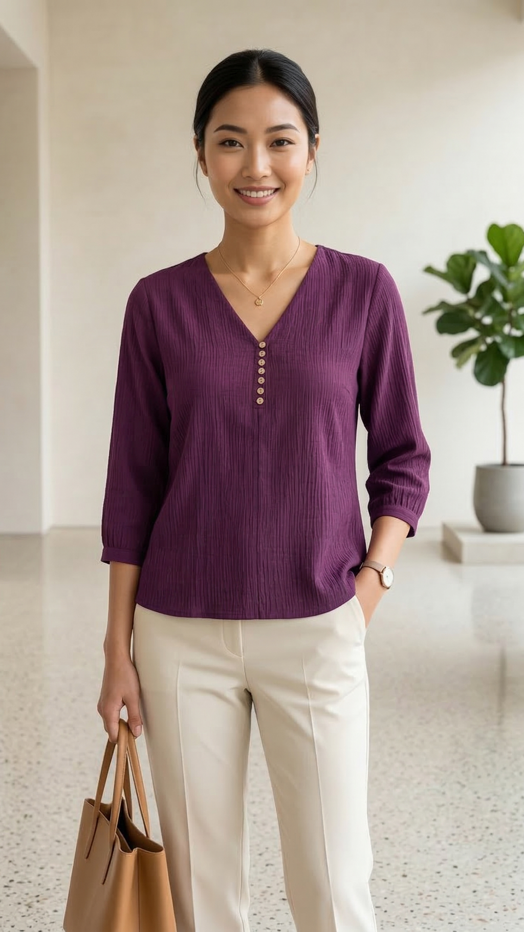 Woman wearing a purple sweater and beige pants in an indoor setting