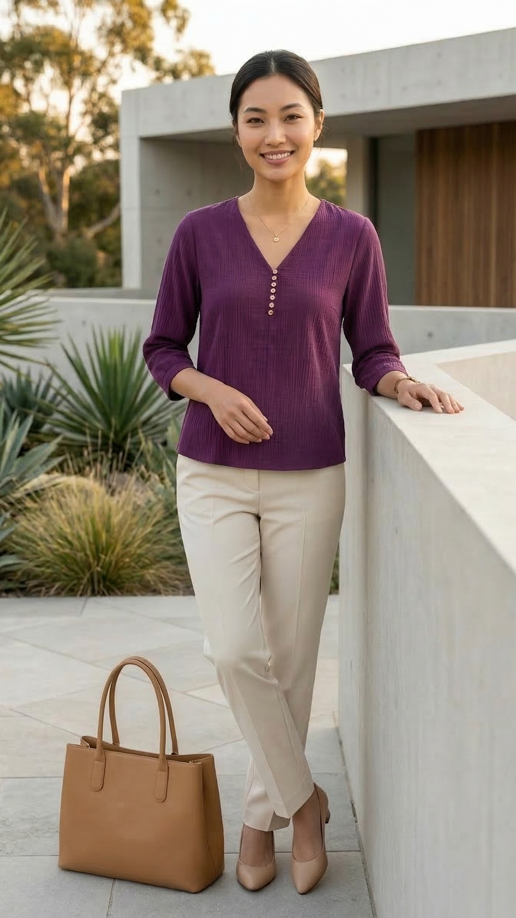Woman in purple shirt and beige pants standing outdoors with a brown handbag.