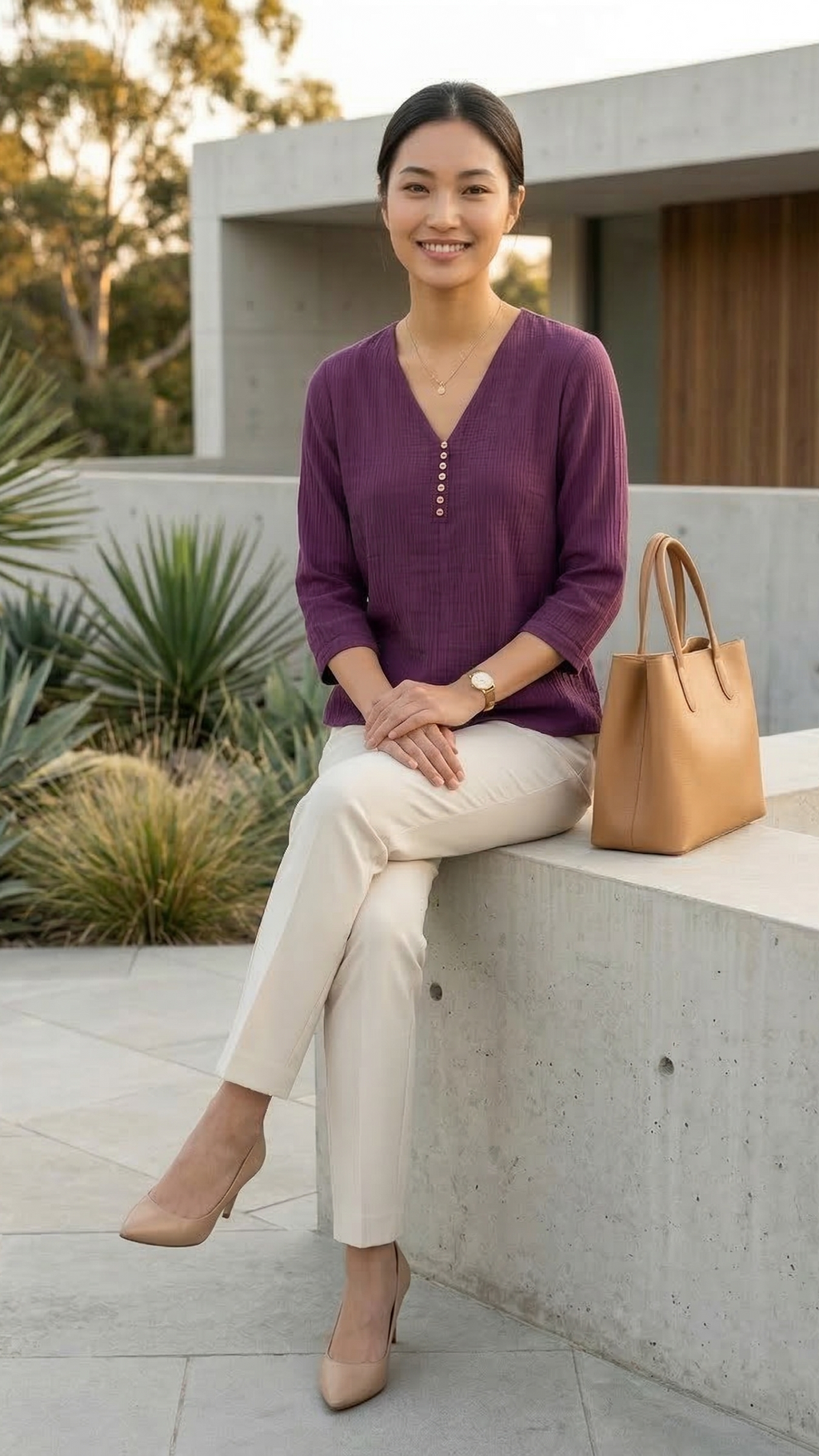 Woman in a purple top and beige pants sitting on a concrete ledge with a brown handbag.