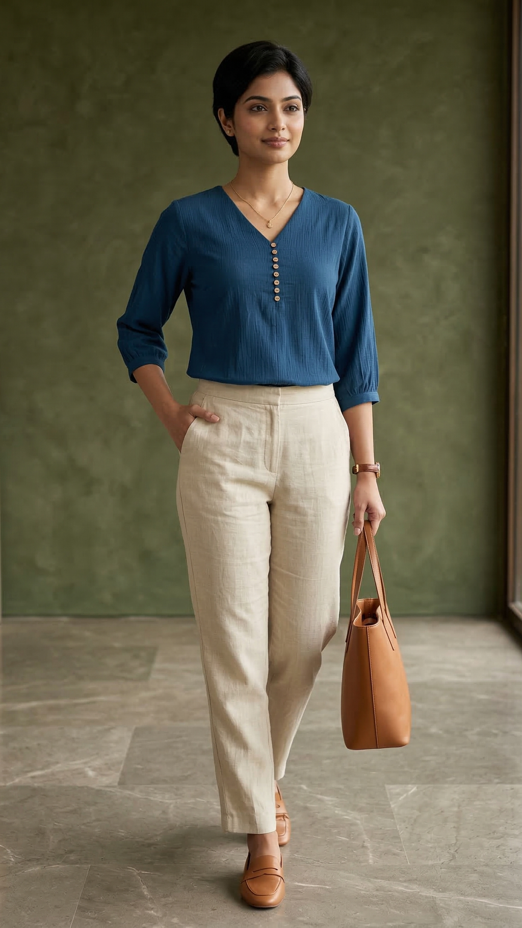 Woman in a blue shirt and beige pants holding a brown leather bag indoors.