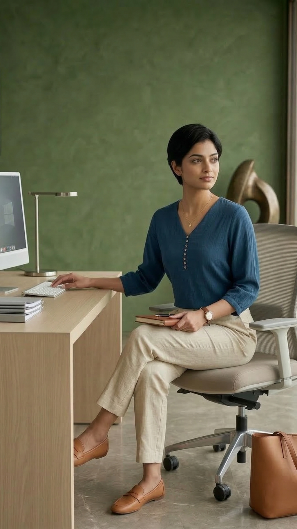 Woman sitting at a desk in an office setting with a cityscape view.