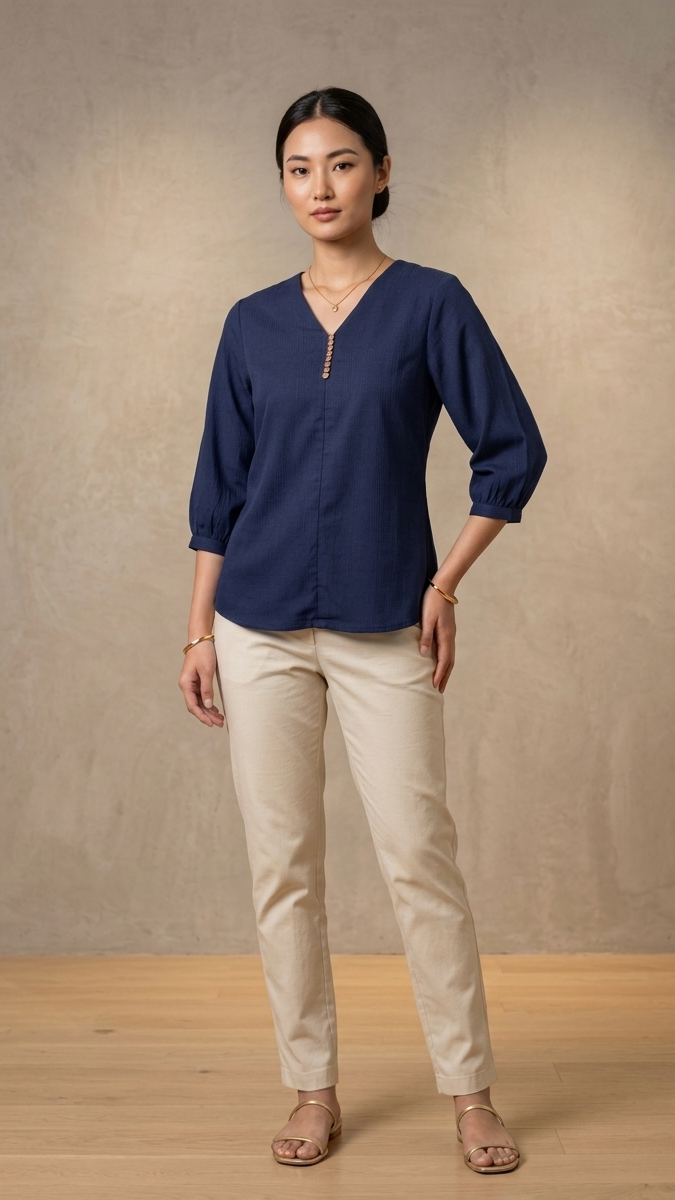 Woman wearing a navy blue blouse and beige pants against a neutral background