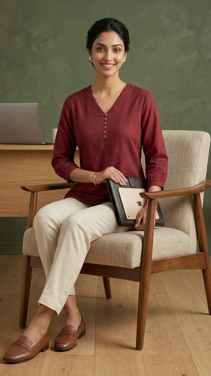 Woman sitting in a chair holding a tablet in an office setting