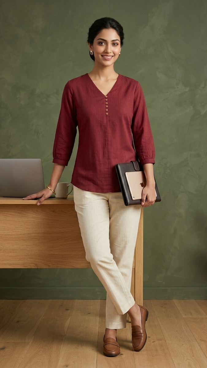 Woman in a red shirt and beige pants standing in an office setting with a green wall.