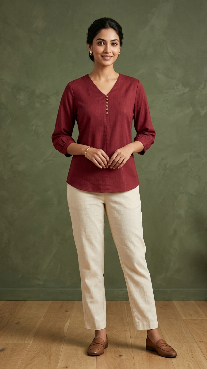 Woman wearing a red shirt and white pants standing against a green wall.