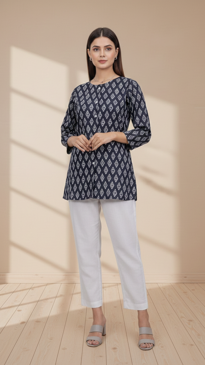 Woman wearing a black and white patterned top with light-colored pants in a well-lit room.