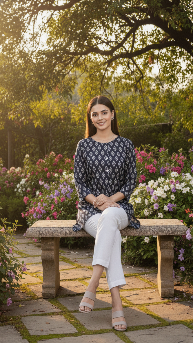 Woman sitting on a stone bench in a garden with flowers and trees.